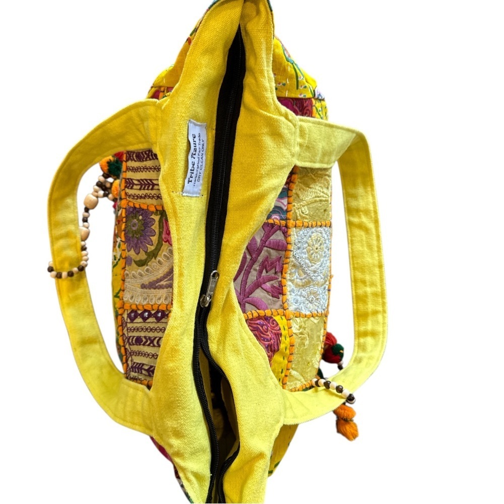 Tribe Azure Fair Trade Cotton Yellow Multi Patchwork Boho Tassel Tote Bag NWOT - Picture 8 of 16